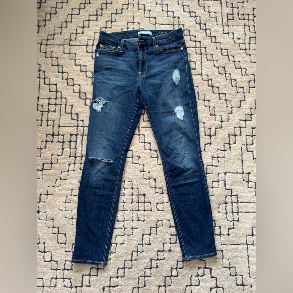 7 For All Mankind Dark Blue Distressed Skinny Ankle Jeans